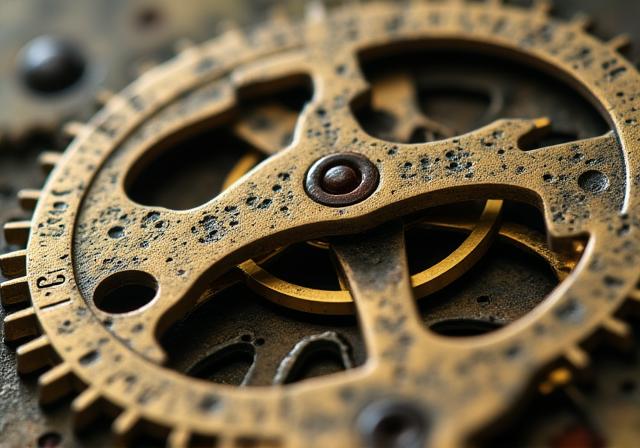 Dettaglio di ingranaggi in ottone di un vecchio cronometro marino